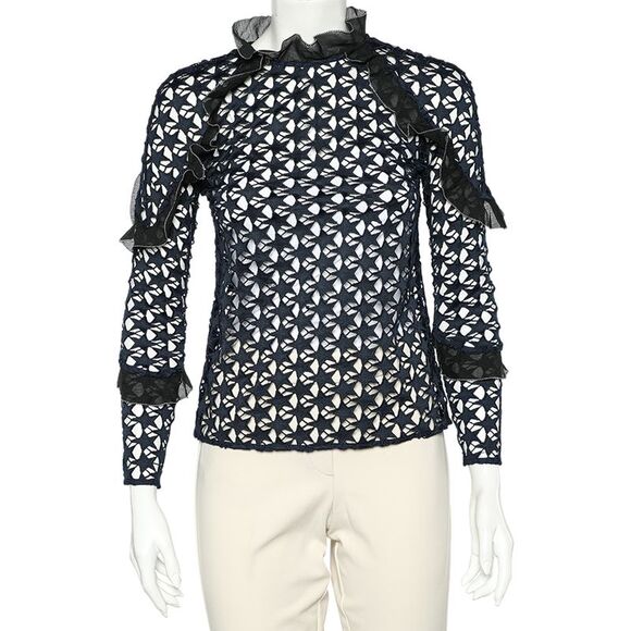 Self-Portrait Navy Blue Star Lace Ruffled Top Xs